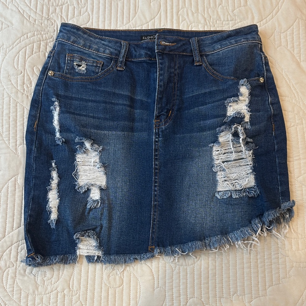 Fashion Nova Dark Blue Distressed Denim Skirt
